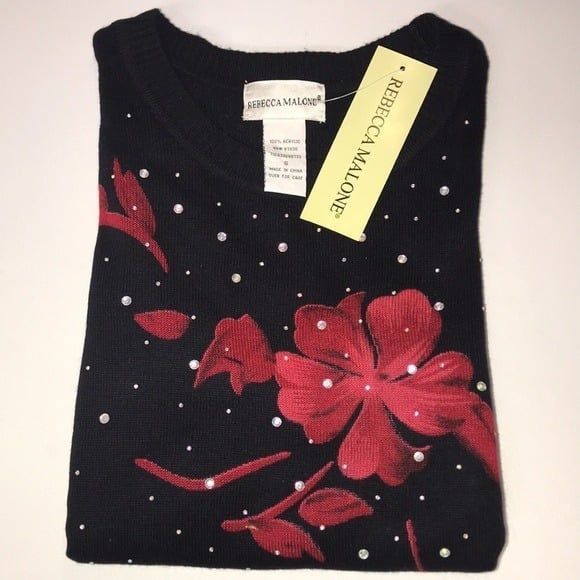 Rebecca Malone Black Red Floral Sweater Sz.S NWT Rhinstones - Picture 12 of 12